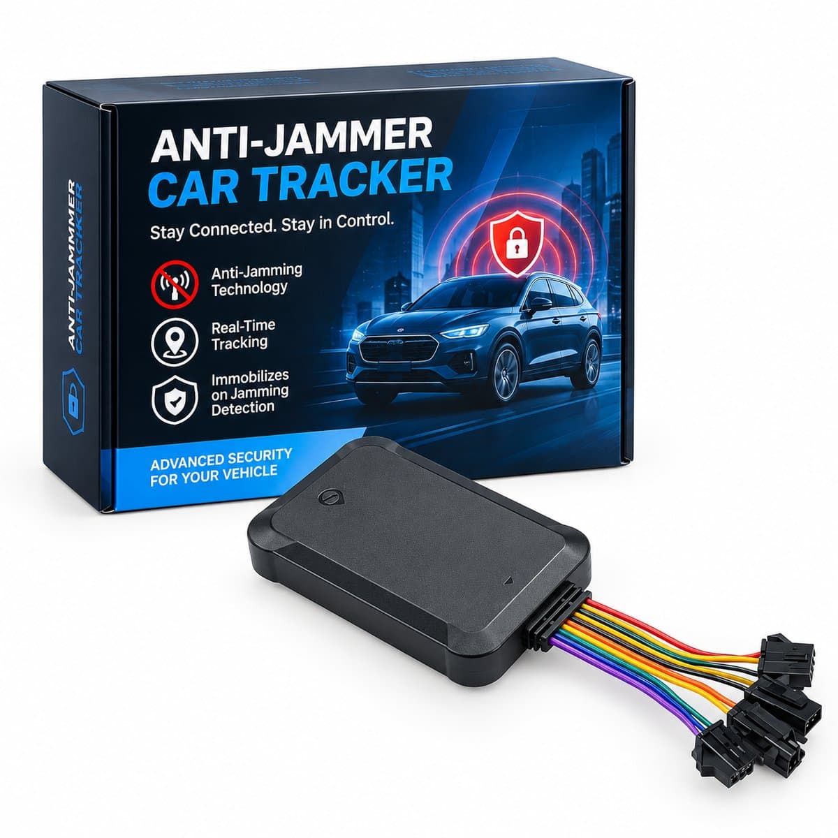 The Anti-Jammer Tracker: a black tracking unit with its wiring harness, in front of its retail box.