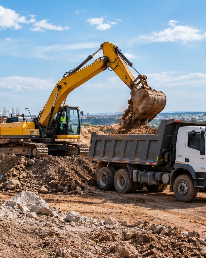 An excavator loading earth into a tipper truck on a building site, watched by a site supervisor.