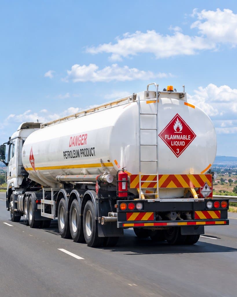 A fuel tanker with flammable-liquid placards, seen from behind on a highway.