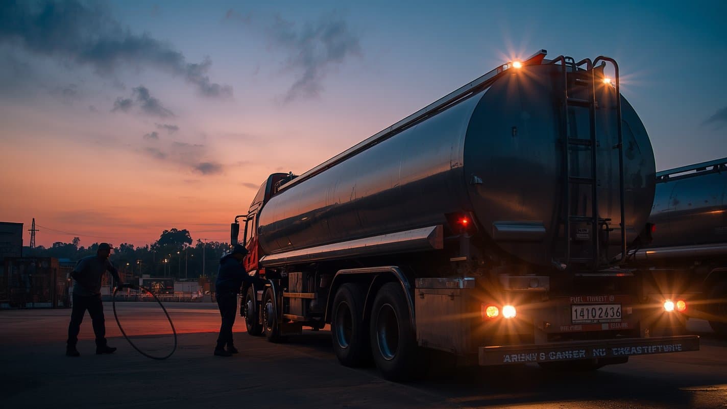 Two figures in silhouette beside a fuel tanker at dusk, one holding a hose.
