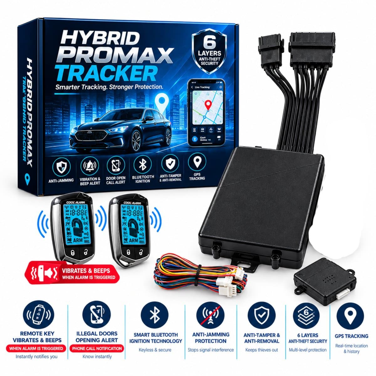 The Hybrid Pro Max Tracker: the tracking unit, wiring, two key remotes with screens, and its retail box.
