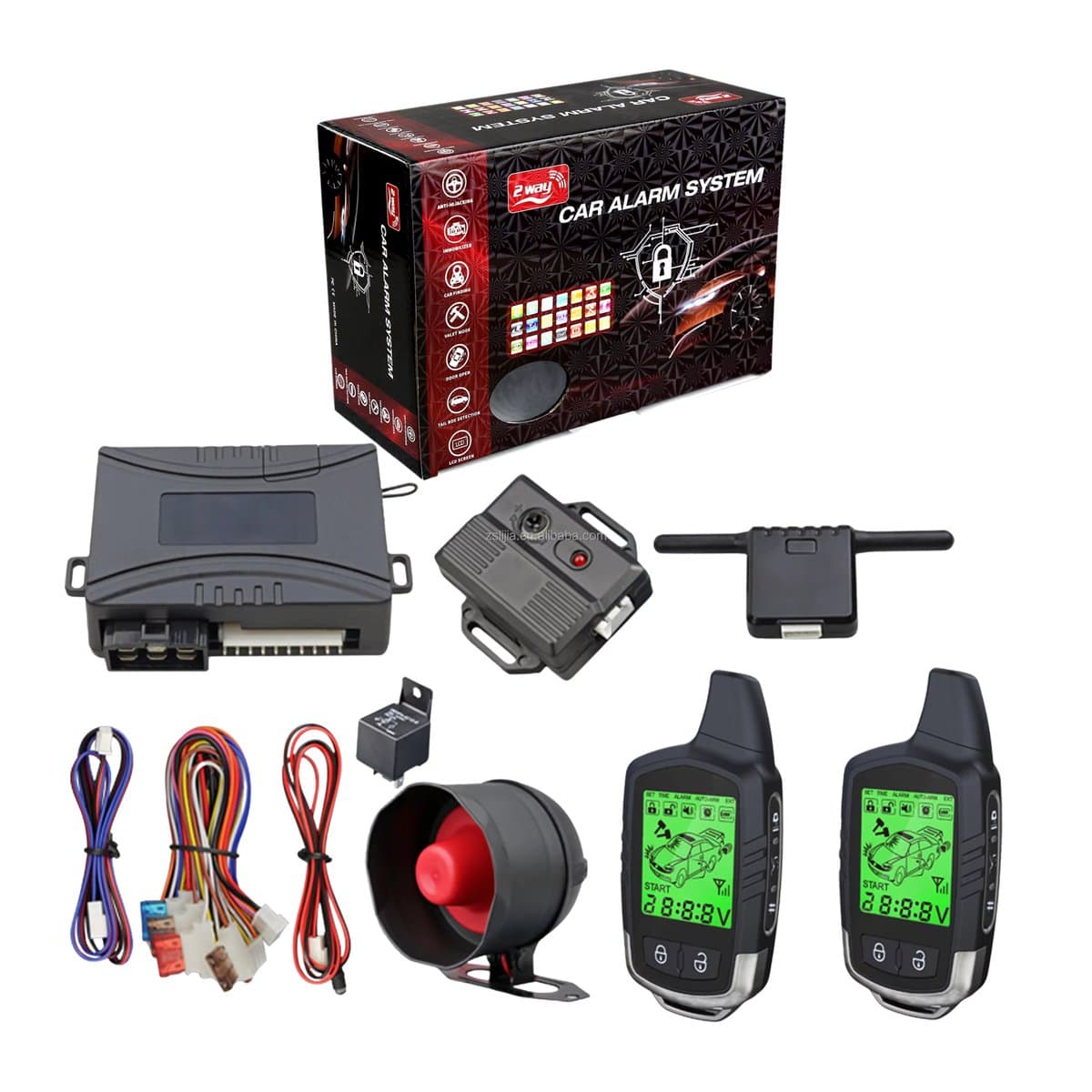 The Hybrid ProMax Car Alarm kit: the control unit, siren, wiring, two vibrating key remotes with screens, and its box.