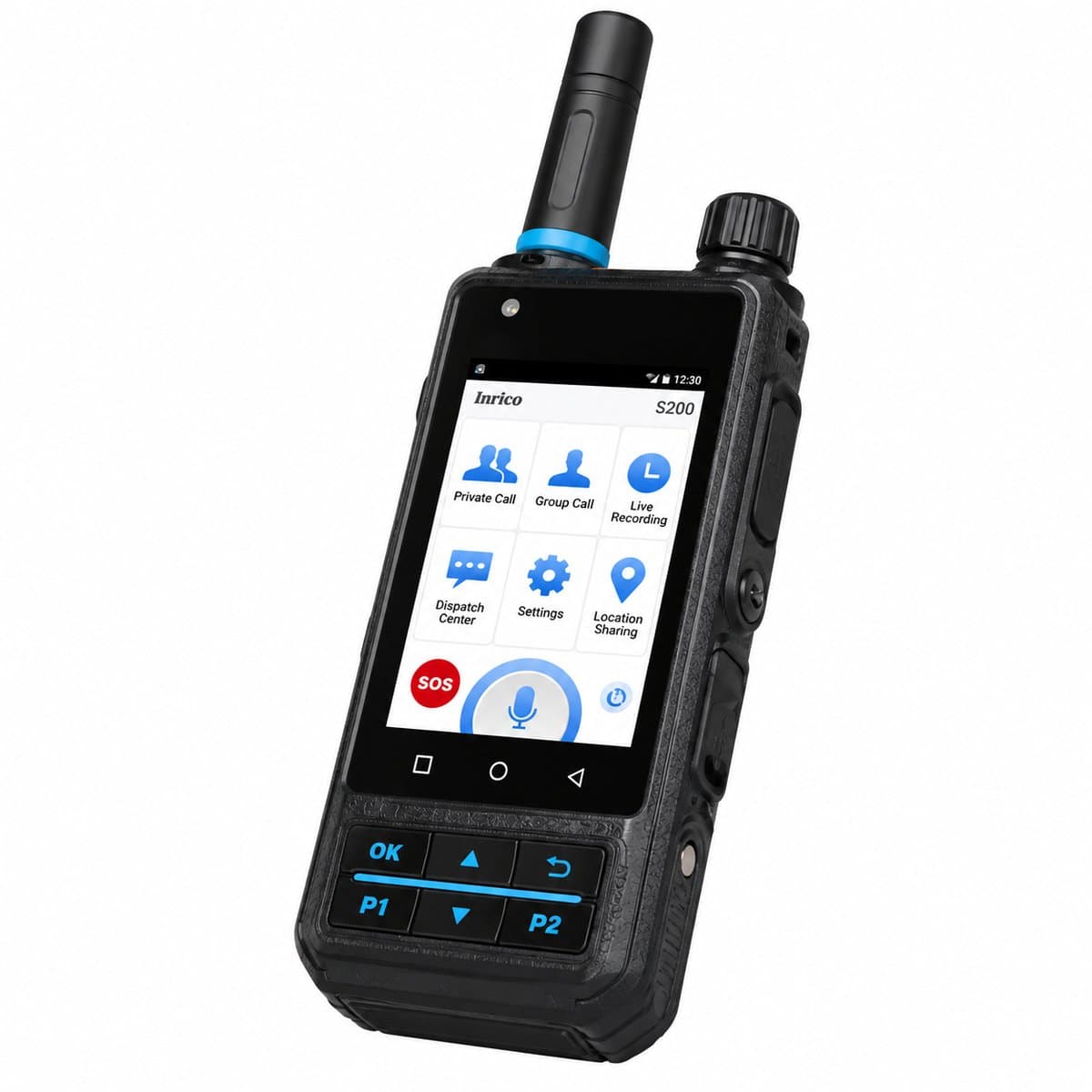 The Inrico S-200 PoC radio: a black handset with an antenna, a touch screen and an orange SOS key.