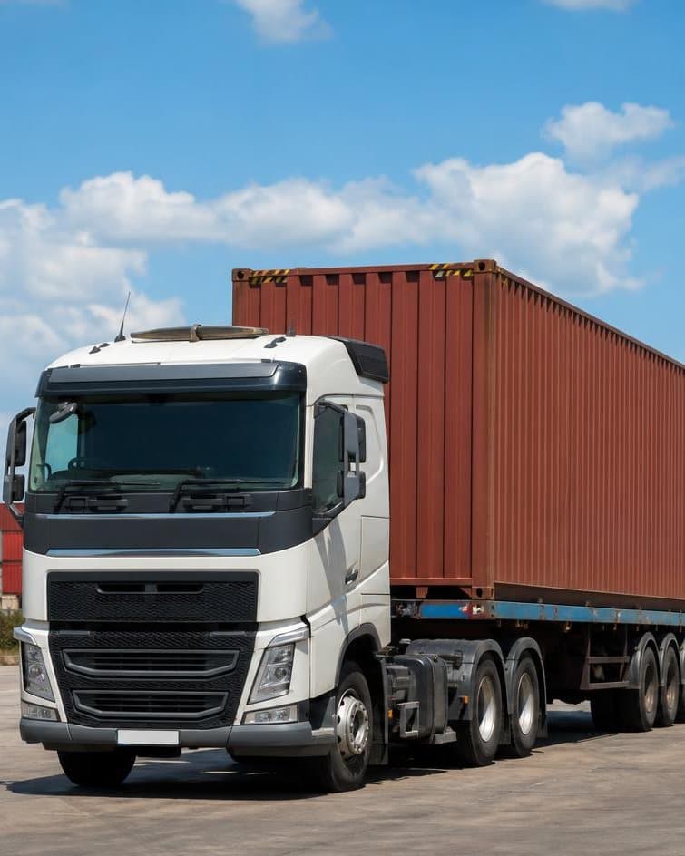 A truck carrying a shipping container across a port yard stacked with containers.