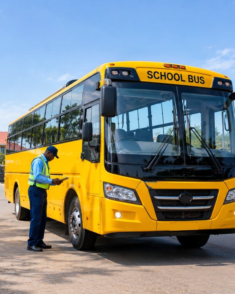 A yellow school bus parked at a school gate while an adult in a reflective vest checks it.