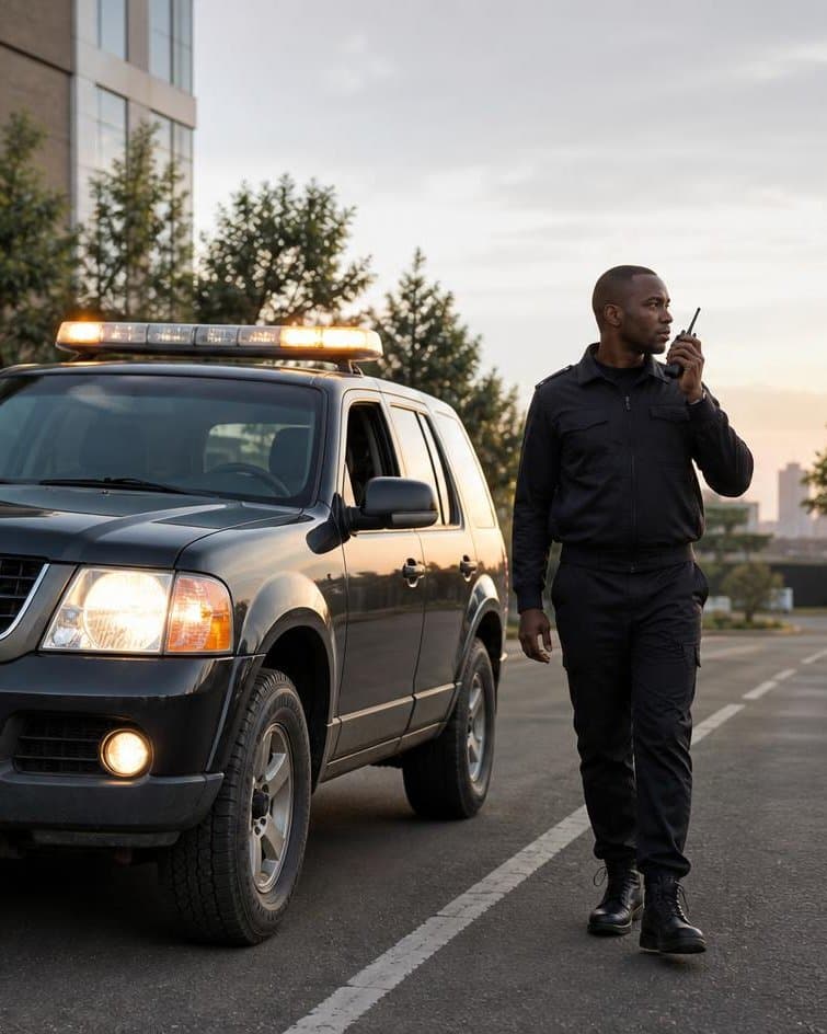 A patrol vehicle with roof lights on a quiet road, and a guard speaking into a radio.