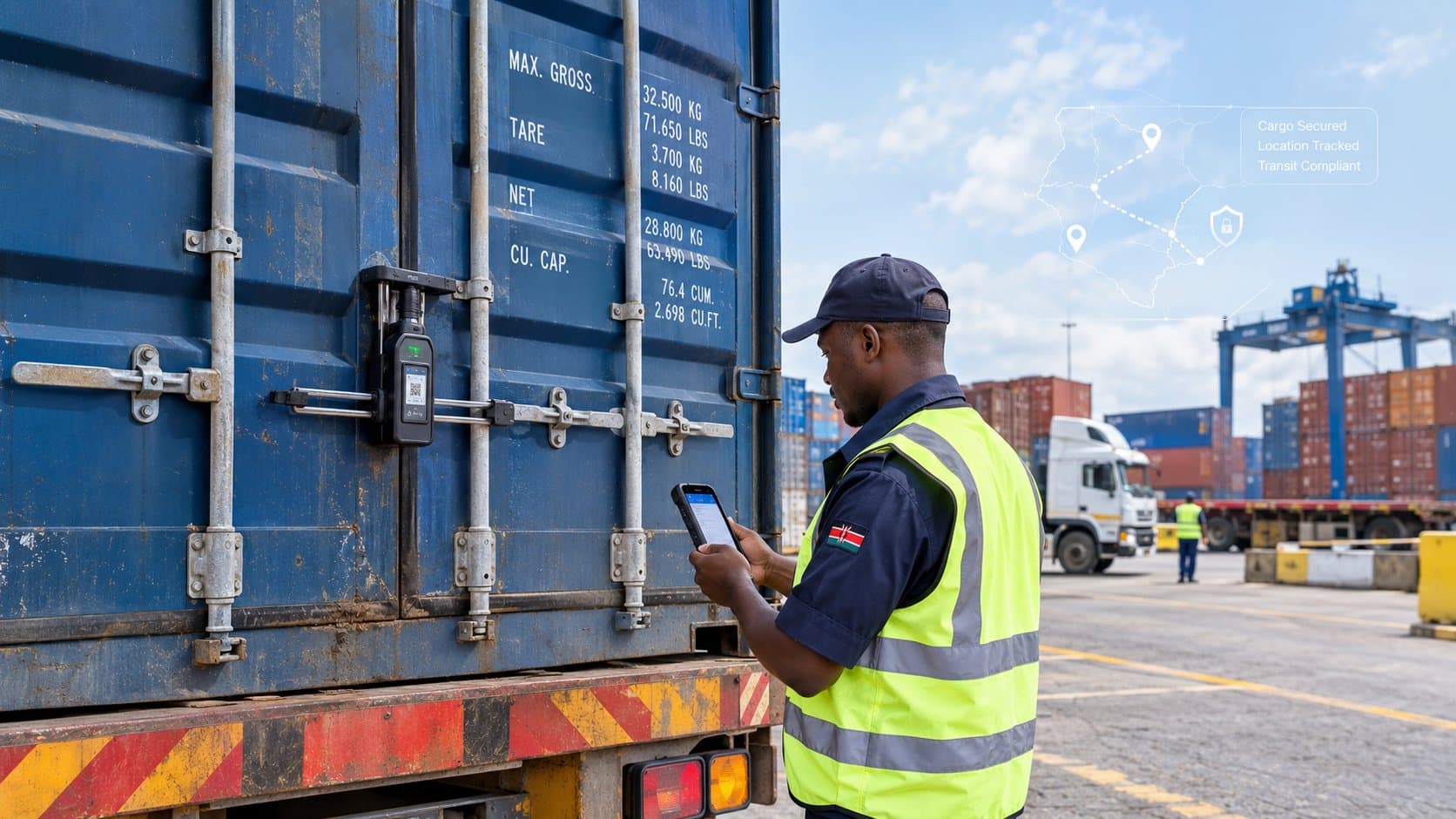 A port worker in a reflective vest checking a phone beside an electronic seal fitted to a container door.