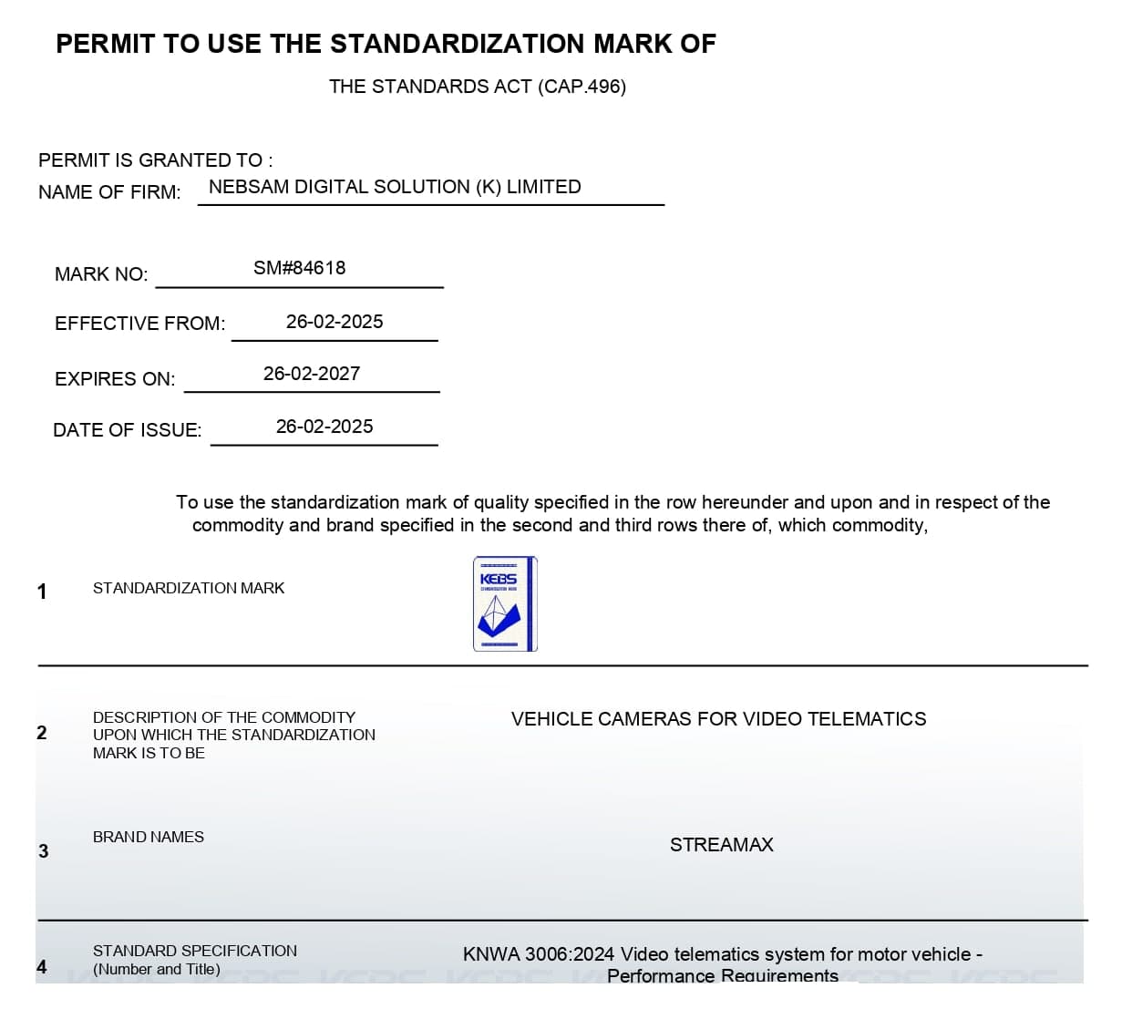Extract from the Permit to Use the Standardization Mark issued to Nebsam by Kenya Bureau of Standards, showing the mark number, the dates, and the commodity, brand and standard it covers.